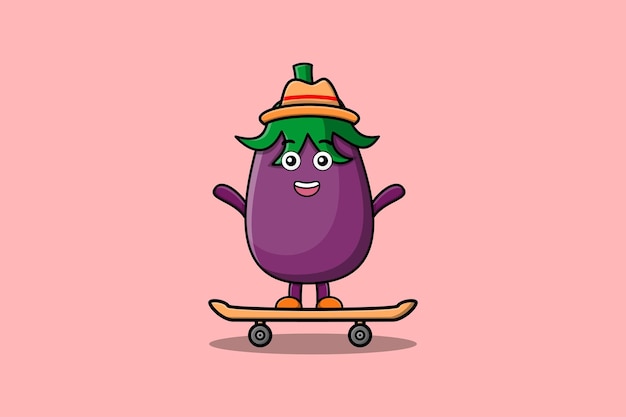 cute cartoon Eggplant standing on skateboard with cartoon vector illustration style