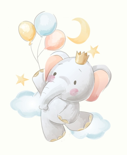Vector cute cartoon elephant and balloons illustration