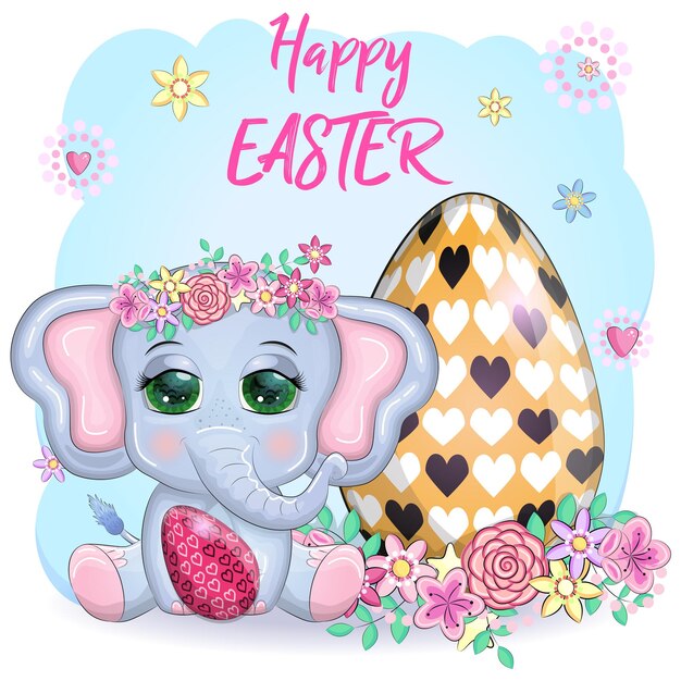 Cute cartoon elephant childish character with beautiful eyes holding easter egg