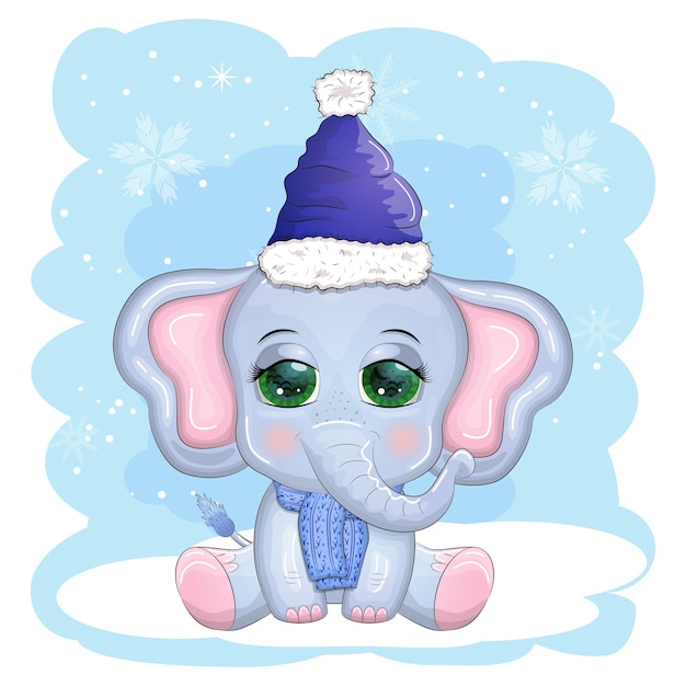 선물 크리스마스 공을 들고 산타 모자 스카프를 착용하는 아름다운 눈을 가진 귀여운 만화 코끼리 유치한 캐릭터