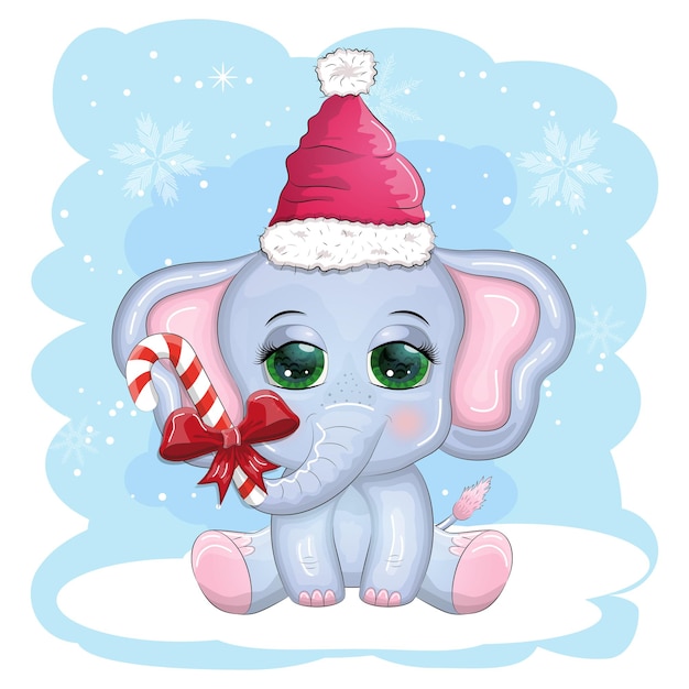 Cute cartoon elephant childish character with beautiful eyes wearing santa hat scarf holding gift christmas ball