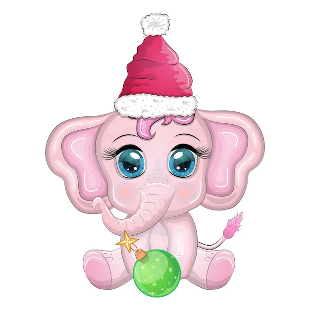 사랑스러운 만화 코끼리 아름다운 눈을 가진 어린 캐릭터 산타 모자 스카프를 입고 선물 크리스마스 공을 들고