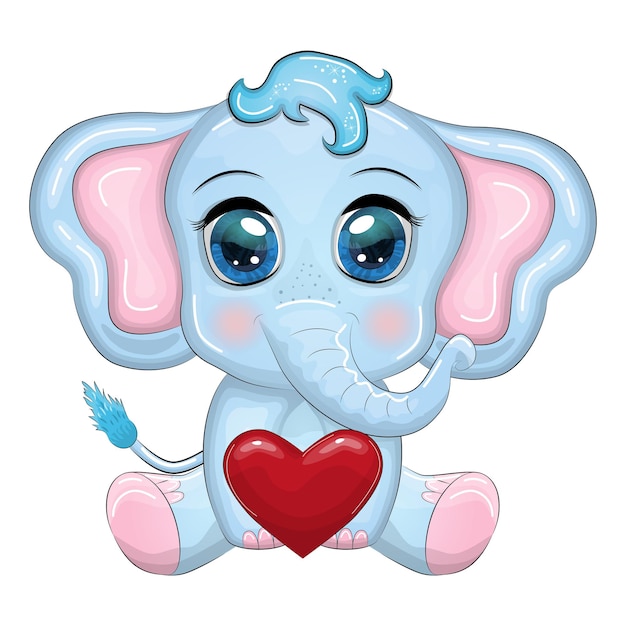 Cute cartoon elephant childish character with beautiful eyes with a heart