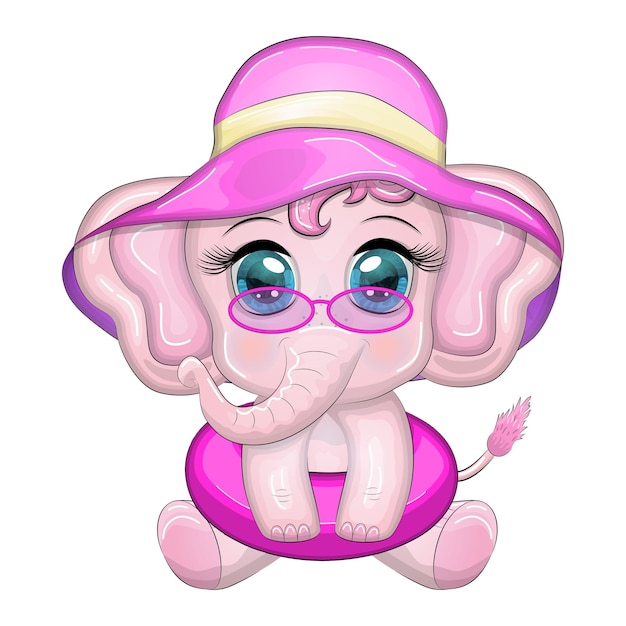 Vector cute cartoon elephant childrens character in a swimming circle and panama hat summer vacation beach