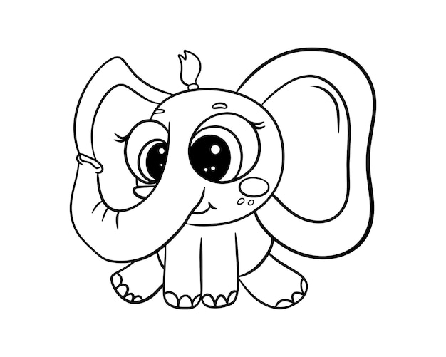 Cute cartoon elephant drawn with a black outline Childrens coloring book