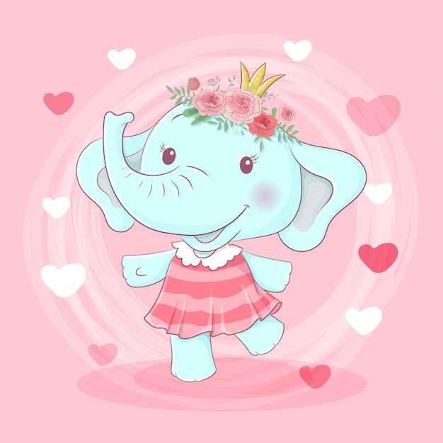 Cute cartoon elephant girl in a wreath of flowers and a princess crown..