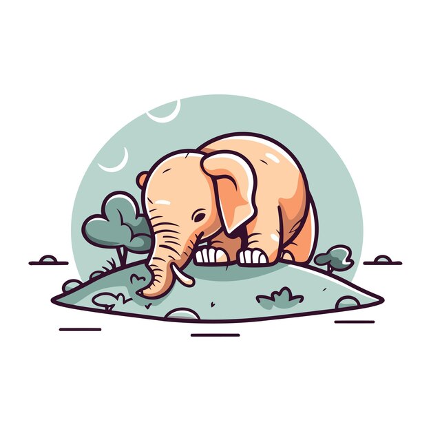 Vector cute cartoon elephant on the grass vector illustration for your design