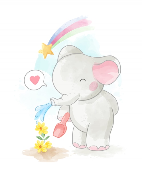 Cute cartoon elephant planting illustration