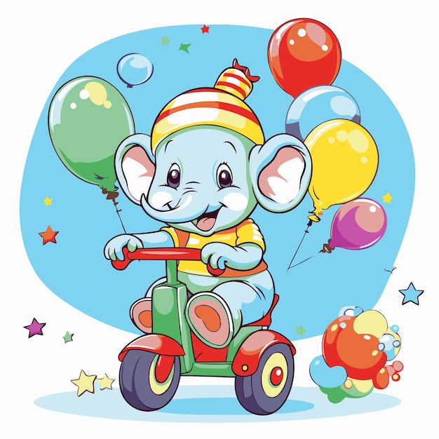 Cute cartoon elephant riding a toy car with balloons vector illustration