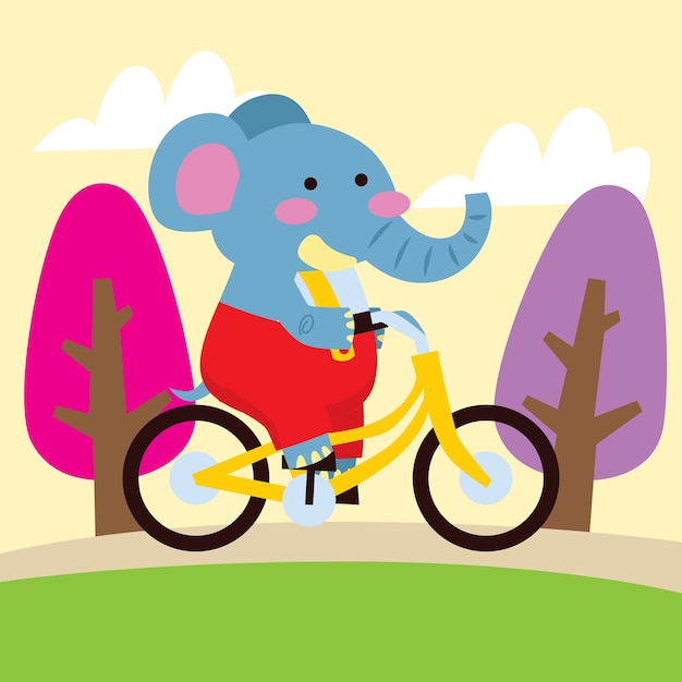 Cute cartoon elephant travelling by bicycle