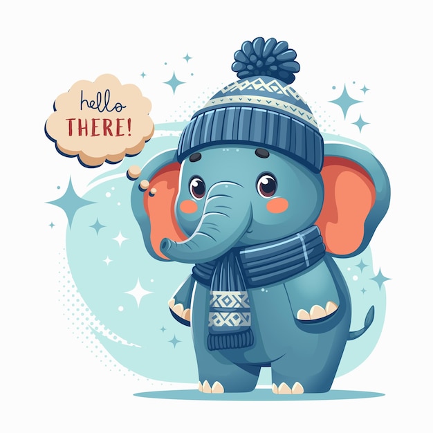 Cute cartoon elephant in winter clothes Vector illustration Cute animal