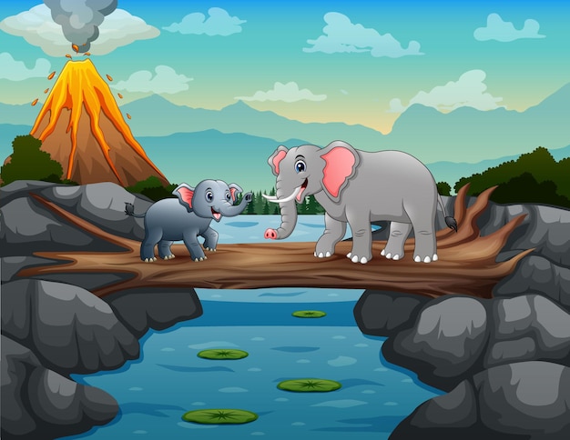 Cute cartoon elephant with her cubs crossing the river on the tree trunk bridge