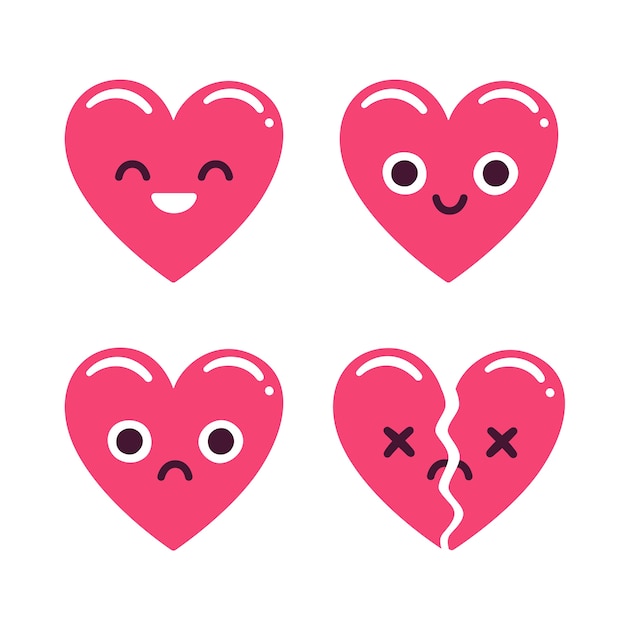 Cute cartoon emoticon hearts set, happy and sad and broken. Modern flat style heart illustration.