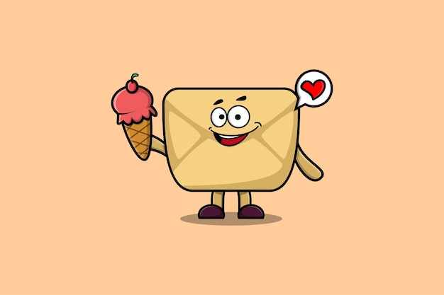 Cute Cartoon Envelope character holding ice cream cone in modern cute style illustration