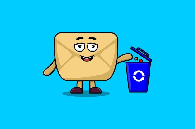 Cute cartoon envelope throwing trash in the trash in flat modern style design illustration