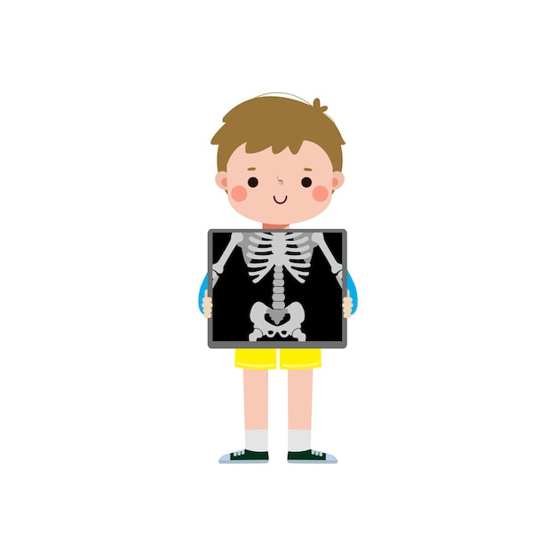 Vector cute cartoon european kid with xray screen showing internal organs and skeleton x ray check bones