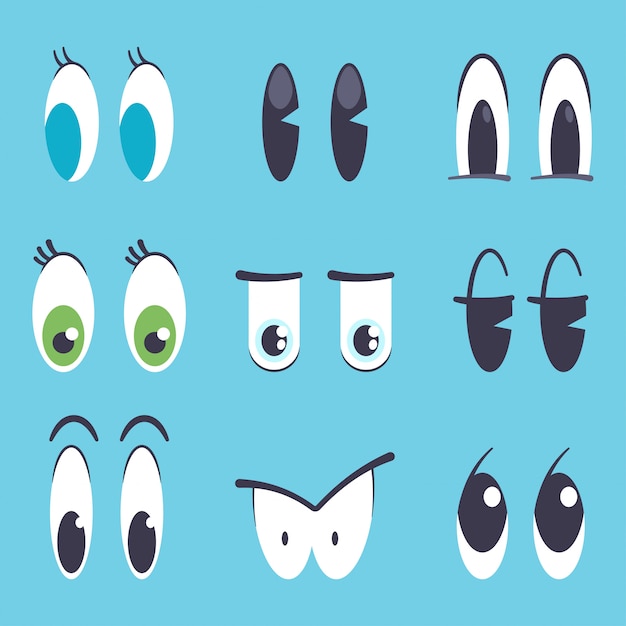 Cute cartoon eyes vector flat set isolated on blue background.