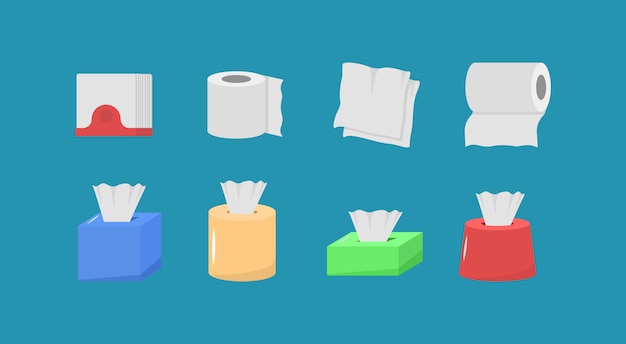 Set di carta tessuto simpatico cartone animato, roll box, uso per servizi igienici, cucina in design piatto. prodotti igienici il prodotto cartaceo viene utilizzato per scopi sanitari. set di icone di igiene.