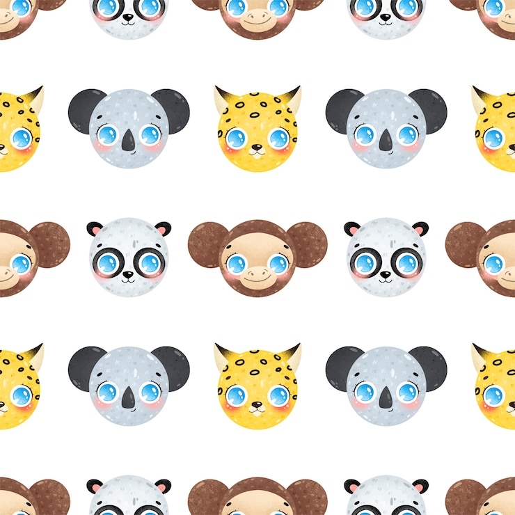 Vector cute cartoon faces of jungle animals seamless pattern. koala, panda, leopard, monkey seamless pattern.