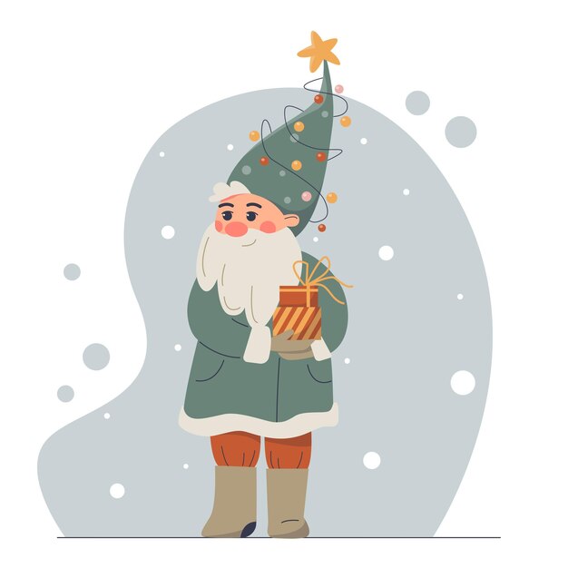 Cute cartoon fairy Christmas dwarf in festive holiday hat