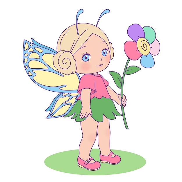 Vector cute cartoon fairy holding a flower