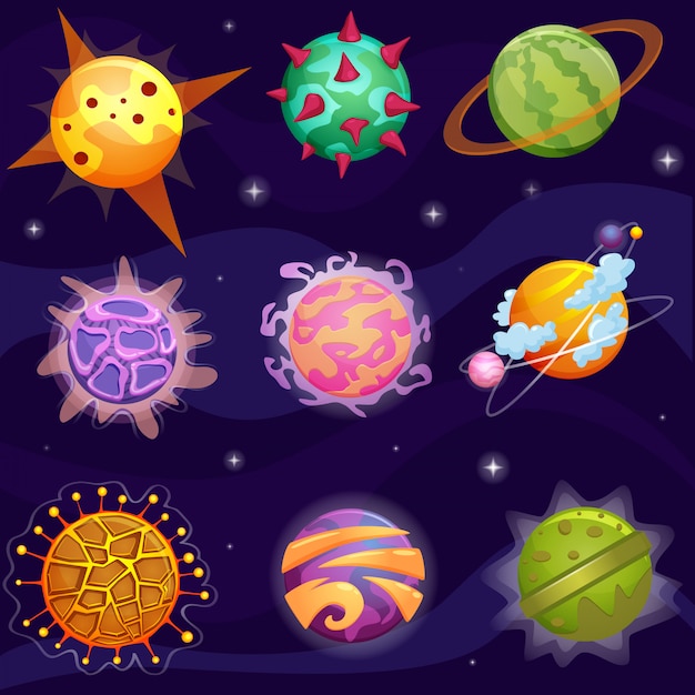 Cute cartoon fantasy fantastic planets set