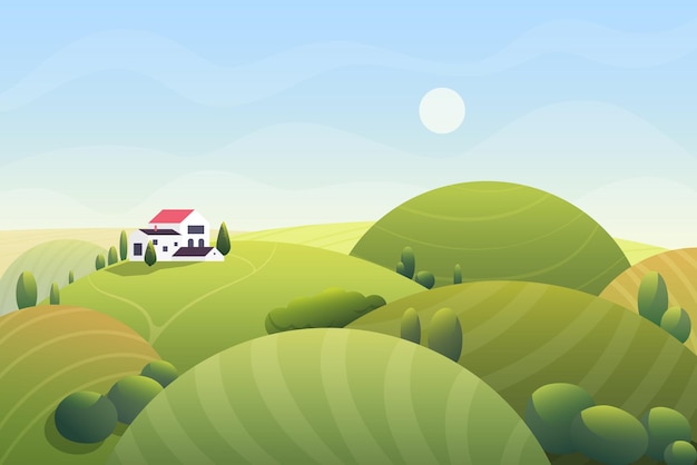 Cute cartoon fantasy summer sunny day with curvy rounded hills and beatuful rural small house