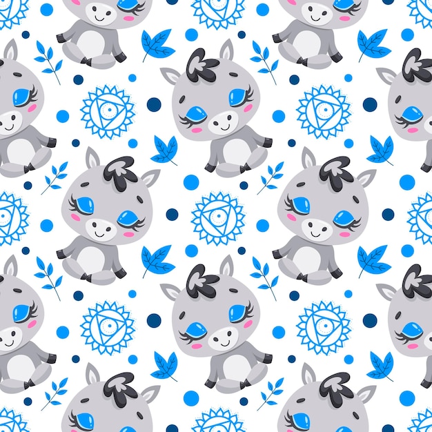 Cute cartoon farm animals meditation seamless pattern. yoga animals pattern. donkey meditates pattern.