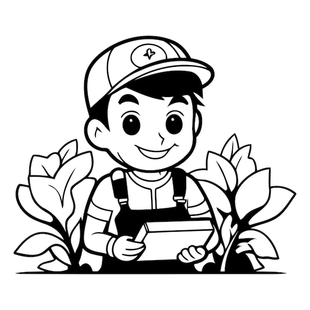 Cute cartoon farmer holding tablet Vector illustration on white background