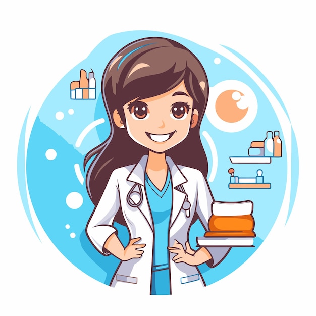 Cute cartoon female doctor character with stethoscope Vector illustration