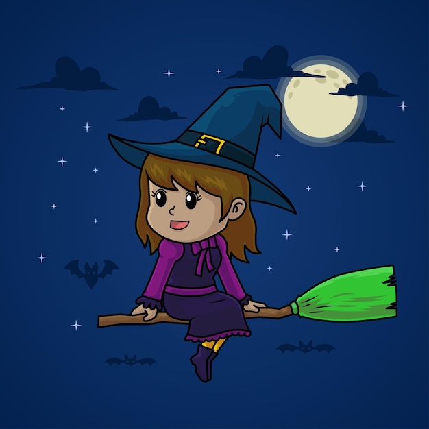 Vector cute cartoon female witch flying using magic broom in halloween