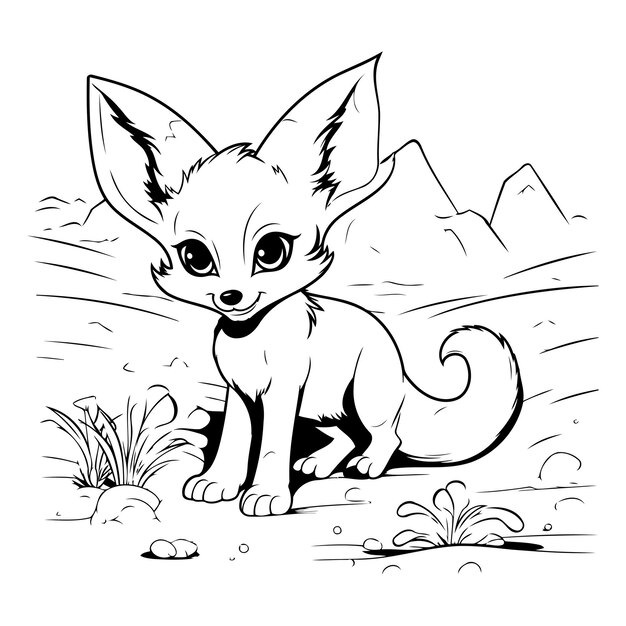 Cute cartoon fennec fox Vector illustration for coloring book