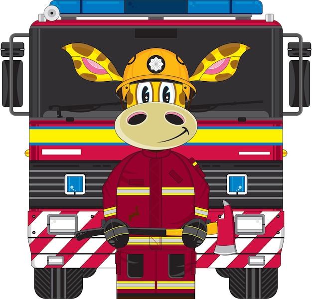 cute cartoon firefighter with fire engine emergency services illustration