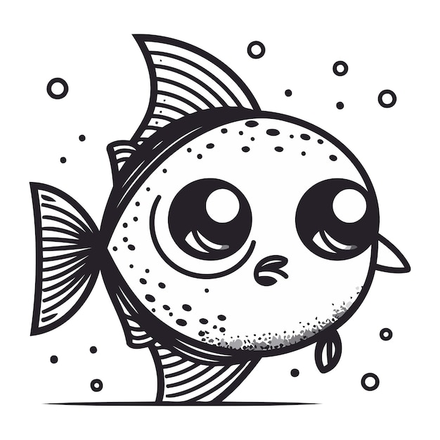 Cute cartoon fish isolated on white background Vector illustration Black and white