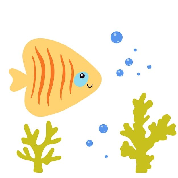 귀여운 만화 물고기와 해초는 흰색 배경에 고립되어 있습니다. 아이들을 위한 벡터 해양 그림