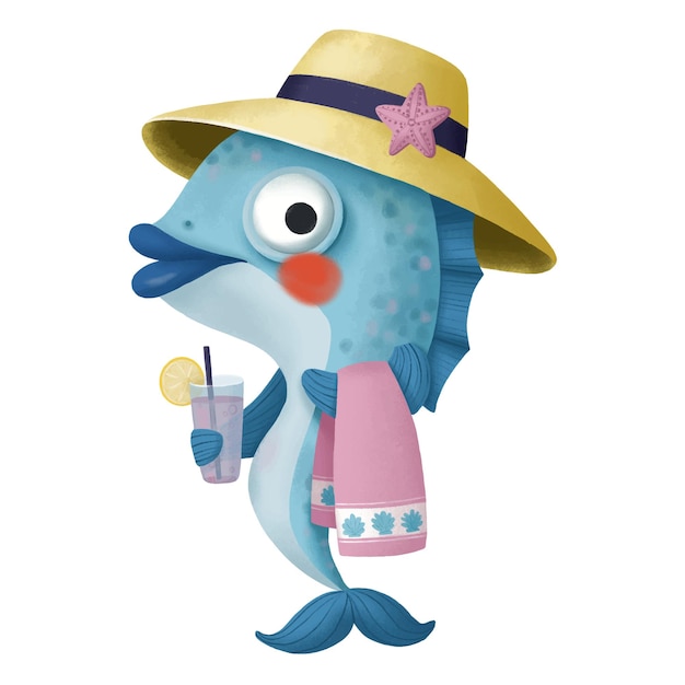 Premium Vector  Cute cartoon fish in a straw hat and with a towel