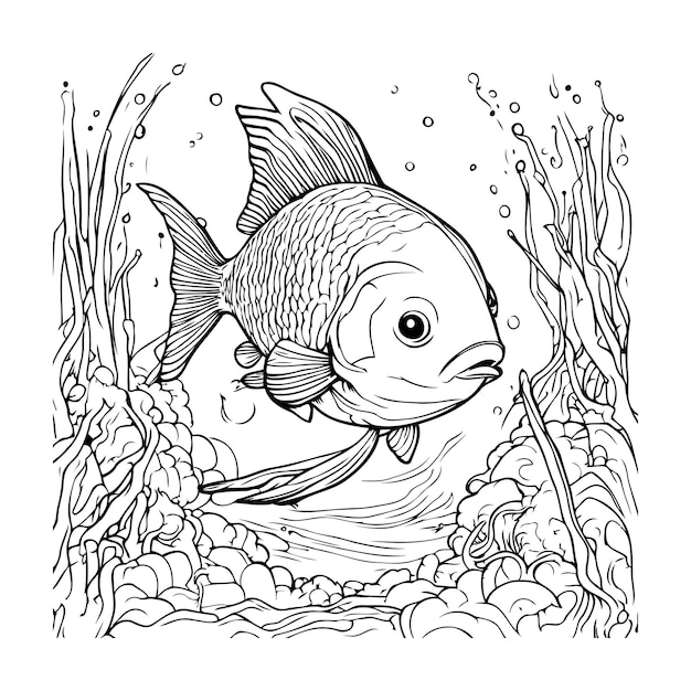 Cute cartoon fish swimming in the sea Vector illustration for coloring book