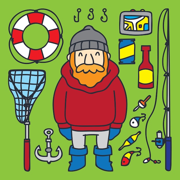 Cute cartoon fisherman and his fishing tool series