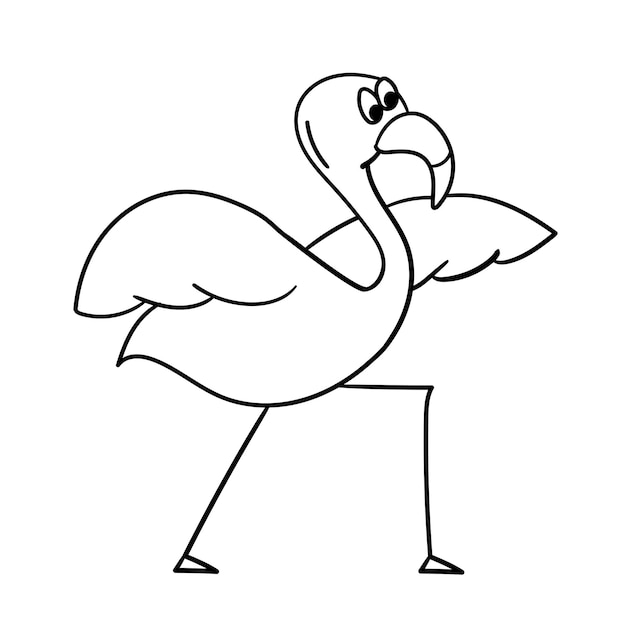 Simpatico cartone animato fenicottero in posa yoga personaggio uccello illustrazione vettoriale contorno
