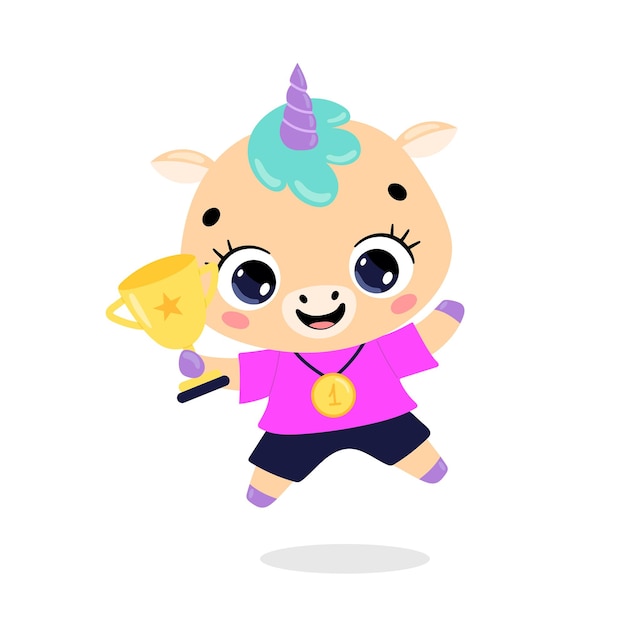 Cute cartoon flat doodle animals sport winners with gold medal and cup Unicorn sport winner