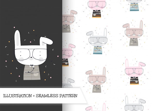 cute cartoon flat illustration bunny with pattern
