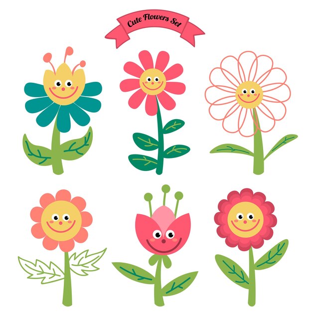 Vector cute cartoon flowers in childlike flat style isolated on white background.