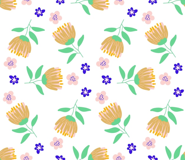 Cute cartoon flowers in flat style seamless pattern. Floral childlike style mosaic background.