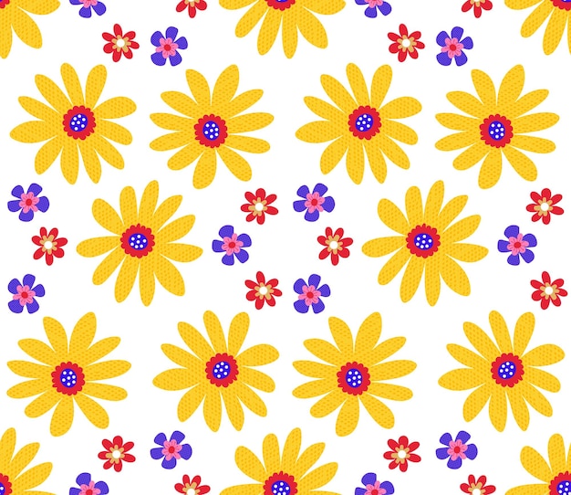 Cute cartoon flowers in flat style seamless pattern. Floral childlike style mosaic background.