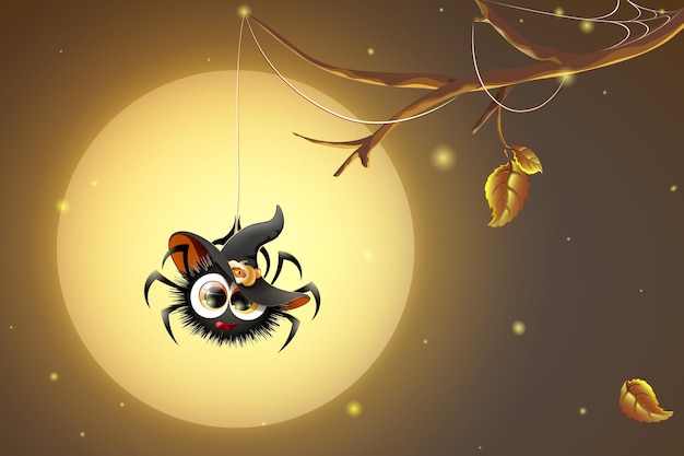 Cute cartoon fluffy spider in witch hat  hanging on spiderweb, on  full moon autumn background