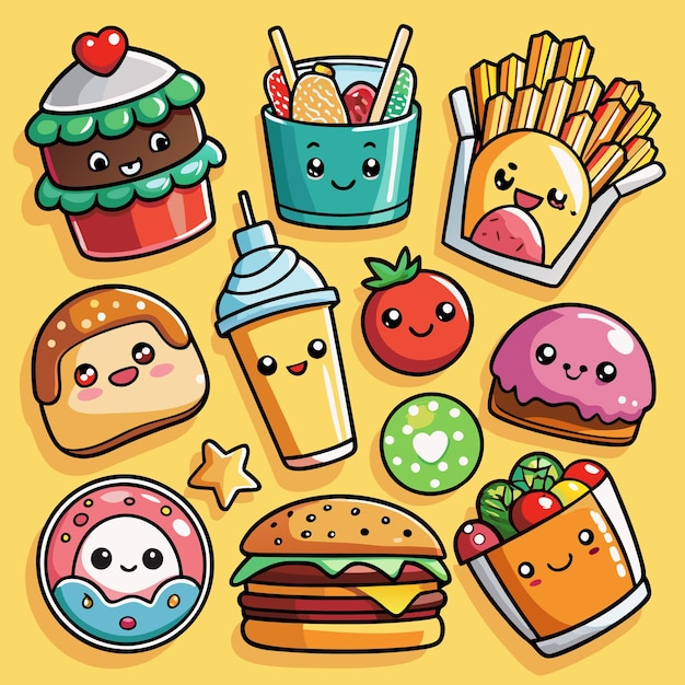 cute cartoon food items with happy faces on a yellow background