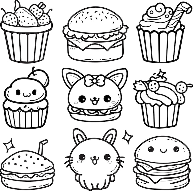 Vector cute cartoon food outline illustrations vector download for coloring page