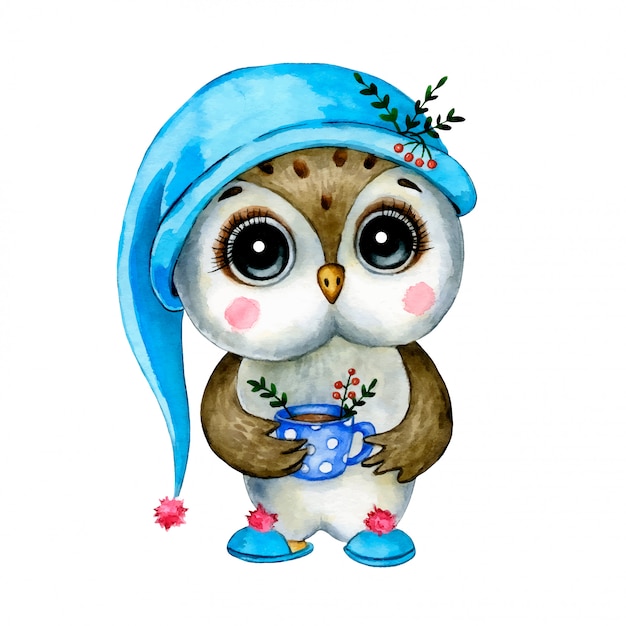 Cute cartoon forest owl in a nightcap and slippers with a mug of tea isolated  