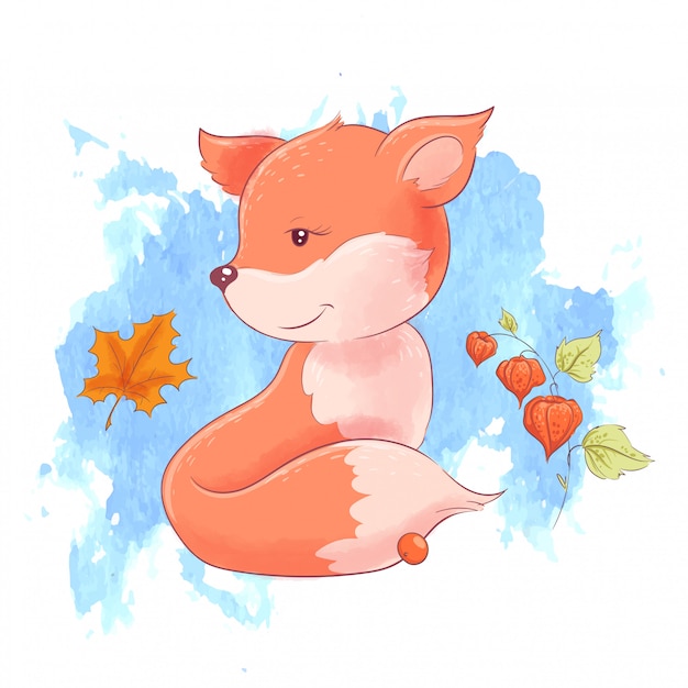 Cute cartoon fox and autumn leaves