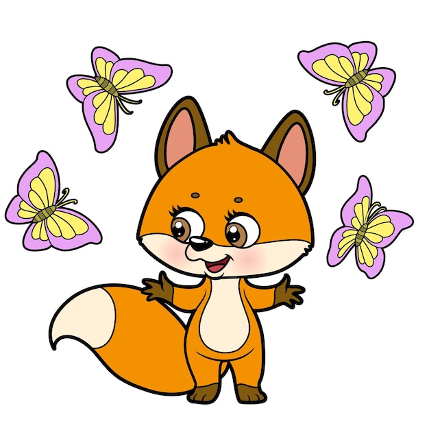 Cute cartoon fox catch butterflies color variation for coloring page on white background